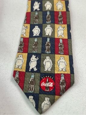 Coca-Cola Checkerboard Tie with Polar Bears and Bottles - Red, Navy, Olive, Gold
